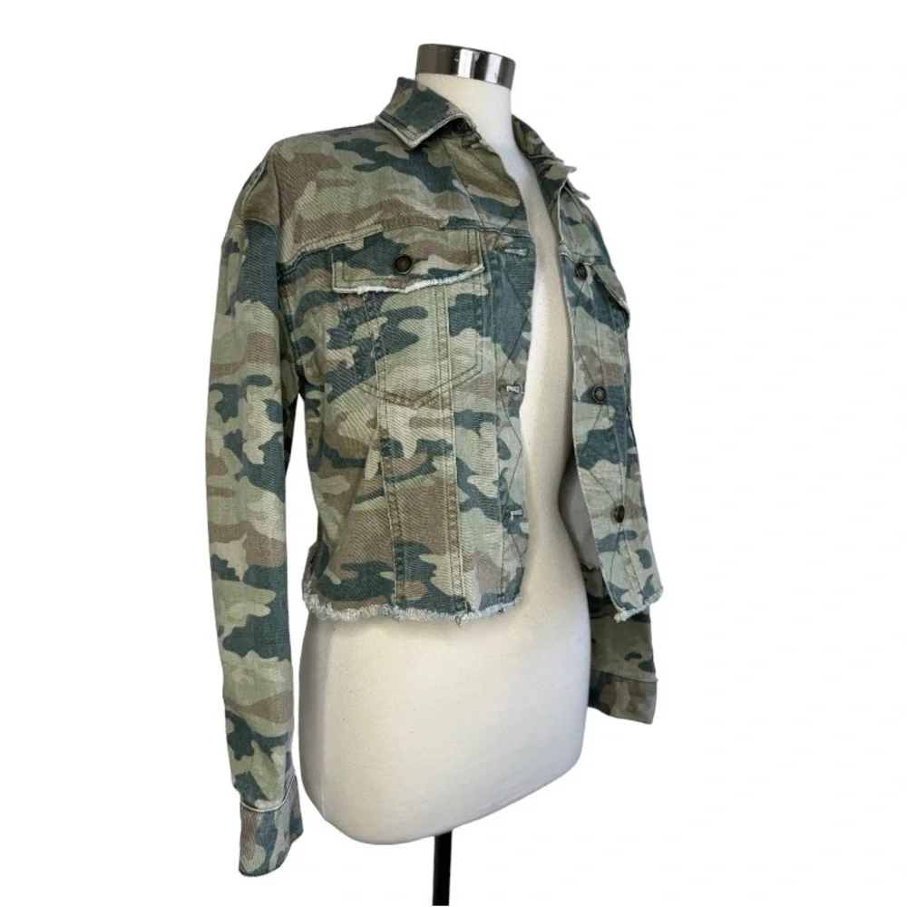Free People Camo Cropped Jean Jacket in Green & Tan - Picture 5 of 13